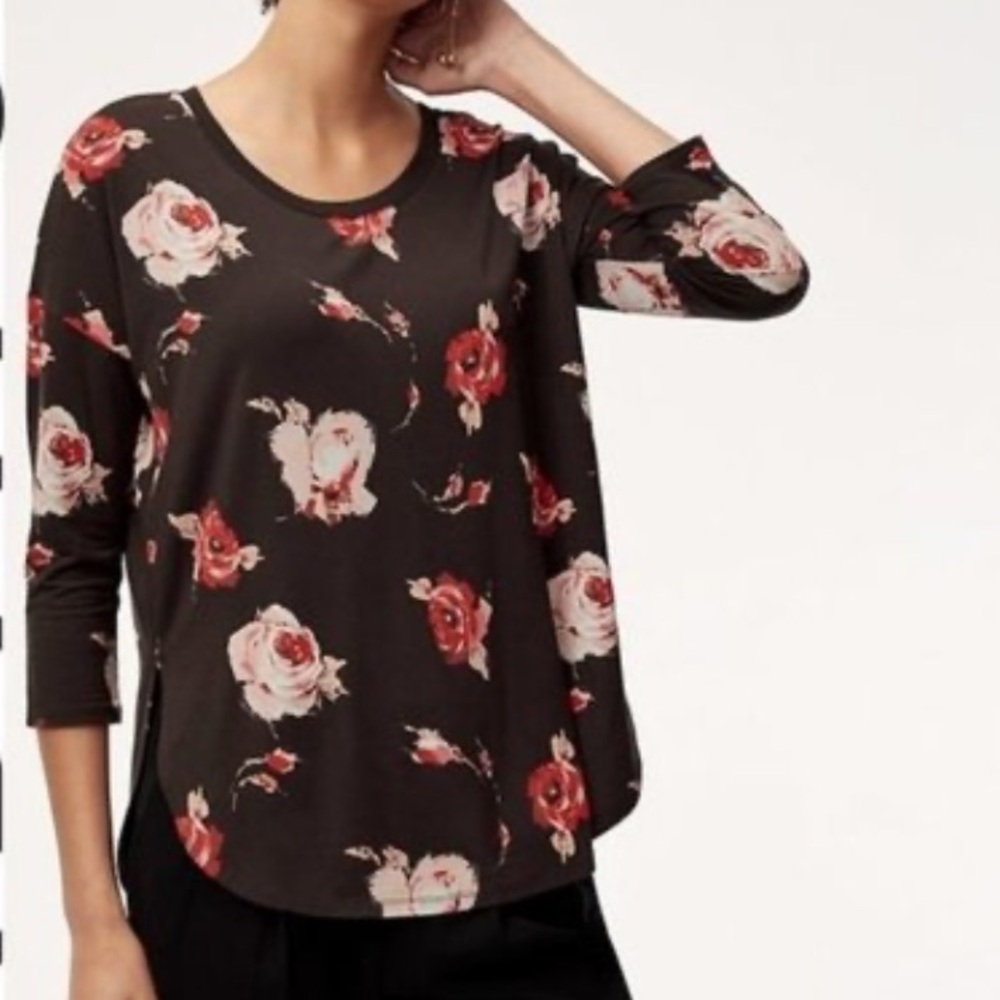 Aritzia Babaton Norris Floral Flowy brown 3/4 sleeve Blouse Top XS